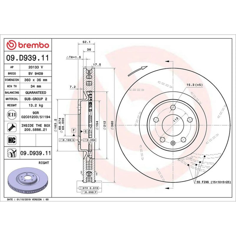Brembo 2 x Slotted Front Brake Discs 09.D938.11