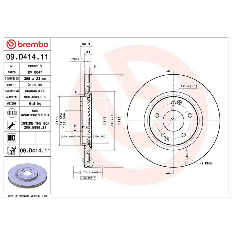 Brembo 2 x Internally Vented Front Brake Discs 09.D414.11