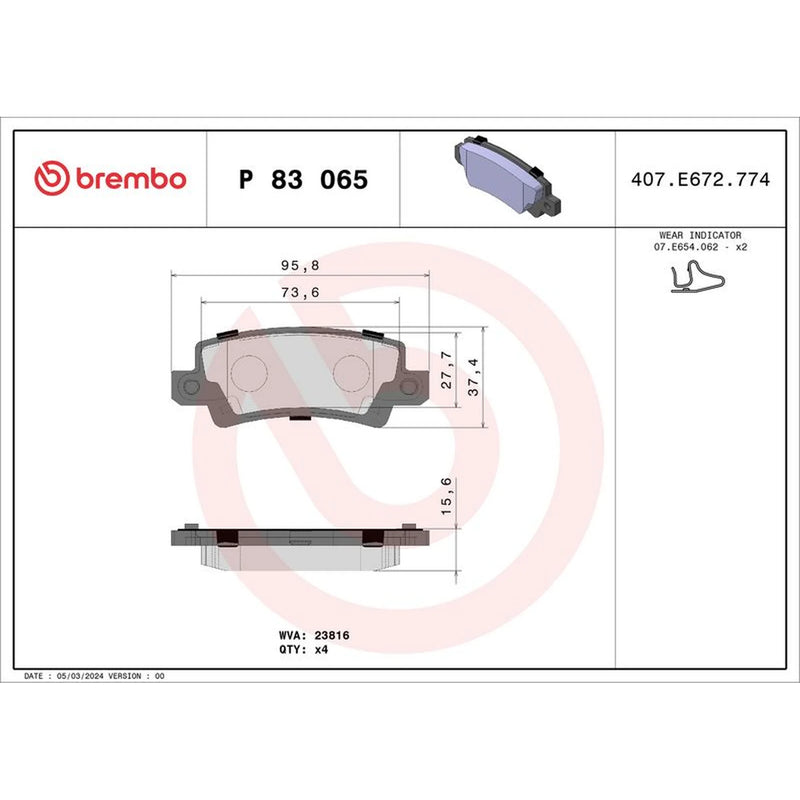 Brembo 4 x Rear Brake Pad Set P83065