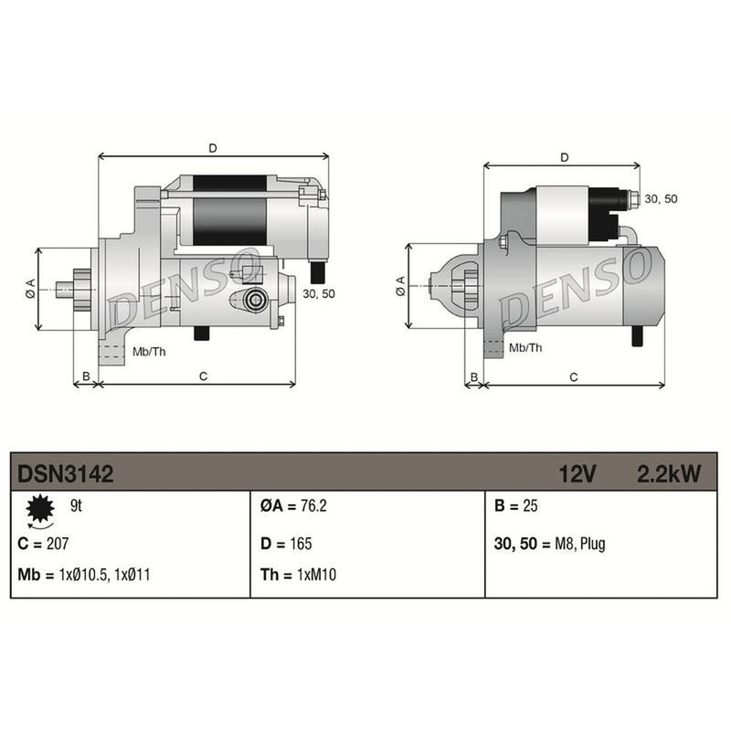 Denso Starter Motor 12V 2.2kW 9 Teeth DSN3142