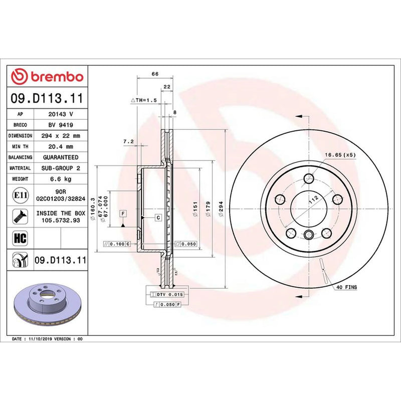 Brembo 2 x Internally Vented Front Brake Discs 09.D113.11