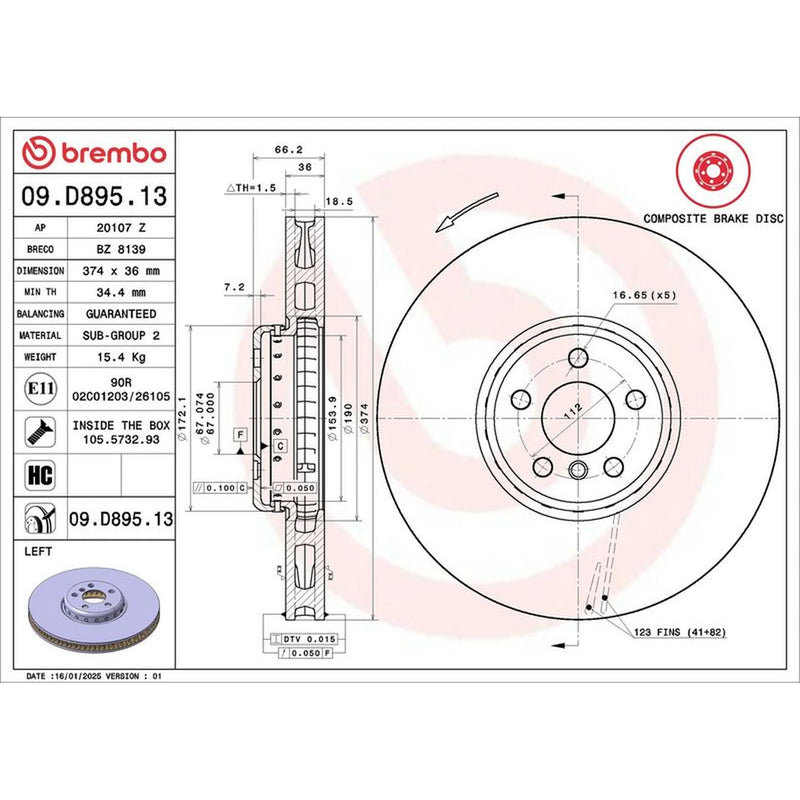 Brembo 2 x Aluminium Front Brake Disc Hub Brake Discs 09.D895.13