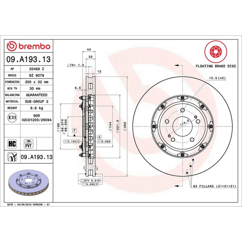 Brembo 2 x Aluminium Front Brake Disc Hub Brake Discs 09.A193.13