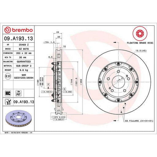 Brembo 2 x Aluminium Front Brake Disc Hub Brake Discs 09.A193.13
