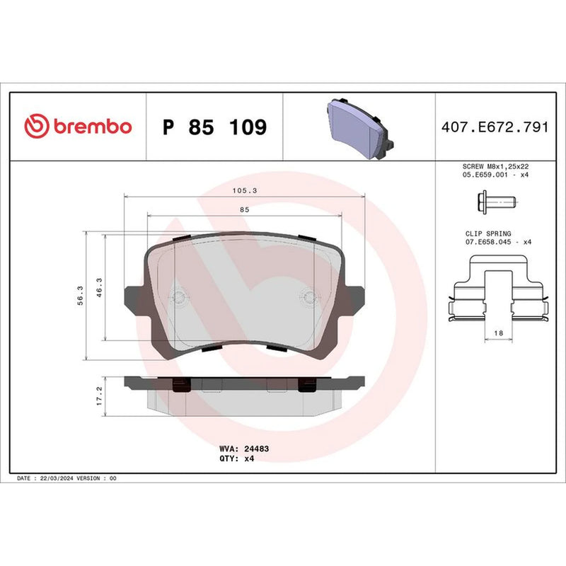 Brembo 4 x Rear Brake Pad Set P85109X