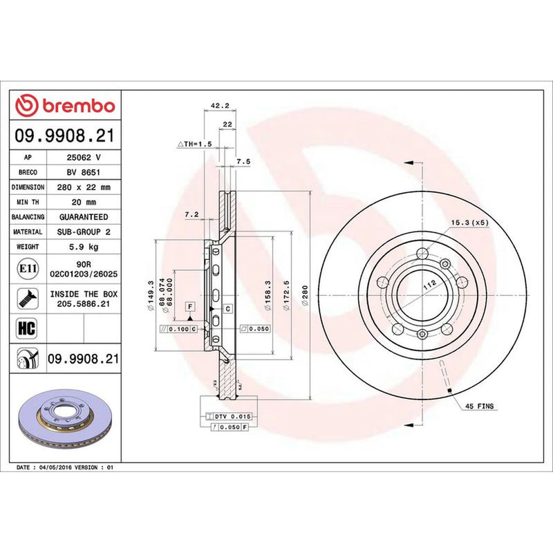 Brembo 2 x Rear Brake Discs 09.9908.21