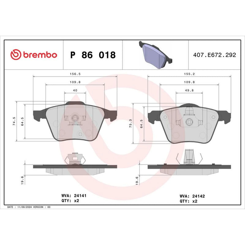 Brembo 4 x Front Brake Pad Set P86018