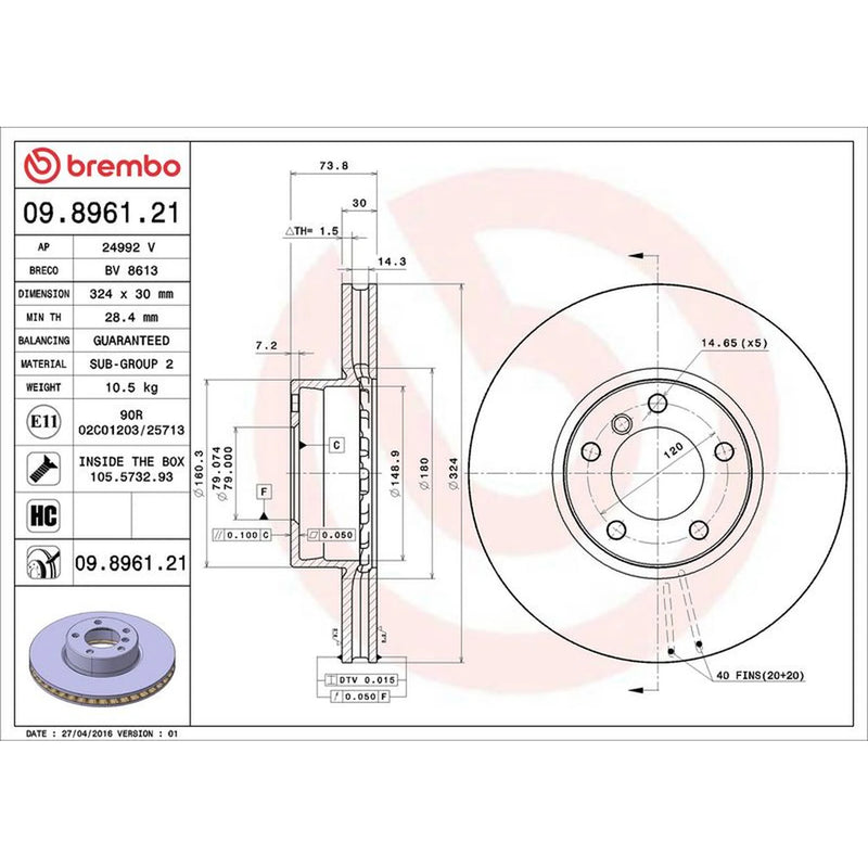 Brembo 2 x Internally Vented Front Brake Discs 09.8961.21