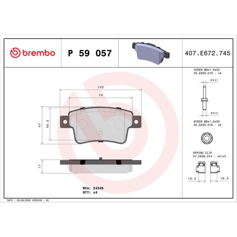 Brembo 4 x Rear Brake Pad Set P59057