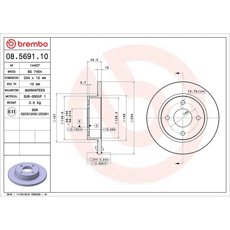 Brembo 2 x Solid Front Brake Discs 08.5691.10