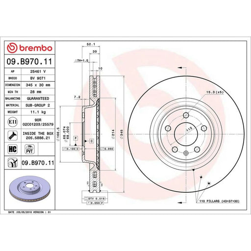 Brembo 2 x Internally Vented Front Brake Discs 09.B970.11