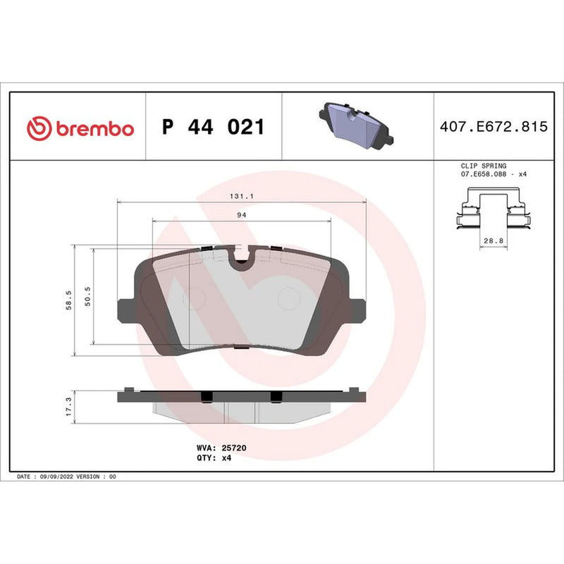 Brembo 4 x Rear Brake Pad Set P44021