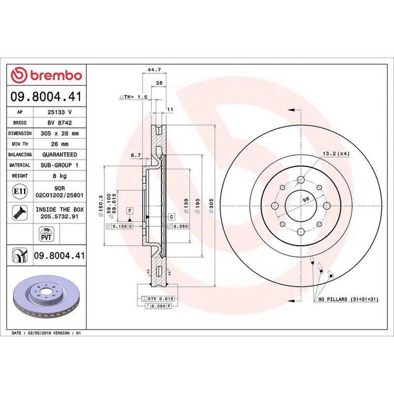 Brembo 2 x Internally Vented Front Brake Discs 09.8004.41