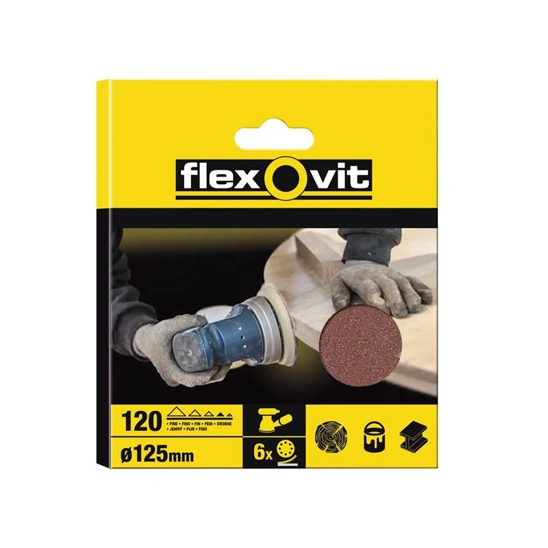 Flexovit Hook & Loop Sanding Disc 125mm Fine 120G 8 Holes (Pack 6) - 63642526392