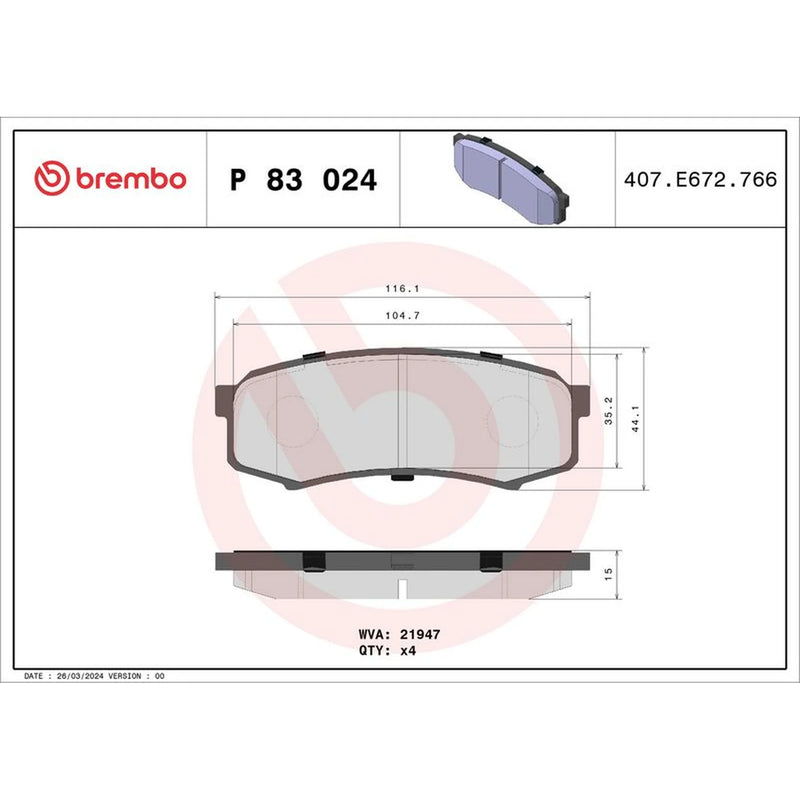 Brembo 4 x Rear Brake Pad Set P83024