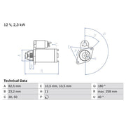 Bosch Starter Motor 12V 2.3kW 11 Teeth 0 986 018 290