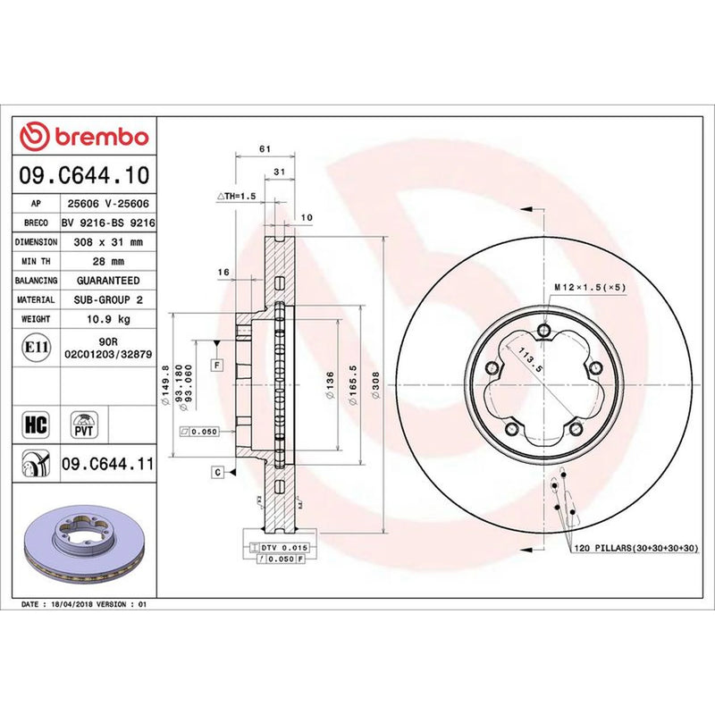 Brembo 2 x Front Brake Discs 09.C644.11