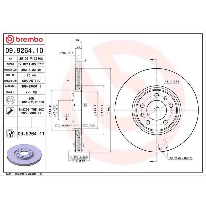 Brembo 2 x Internally Vented Rear Brake Discs 09.9264.11