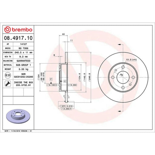 Brembo 2 x Solid Rear Brake Discs 08.4917.10