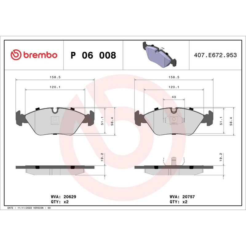 Brembo 4 x Front Brake Pad Set P06008