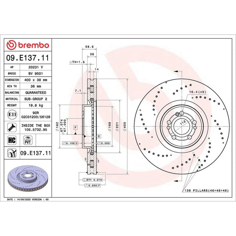 Brembo 2 x Internally Vented Front Brake Discs 09.E137.11