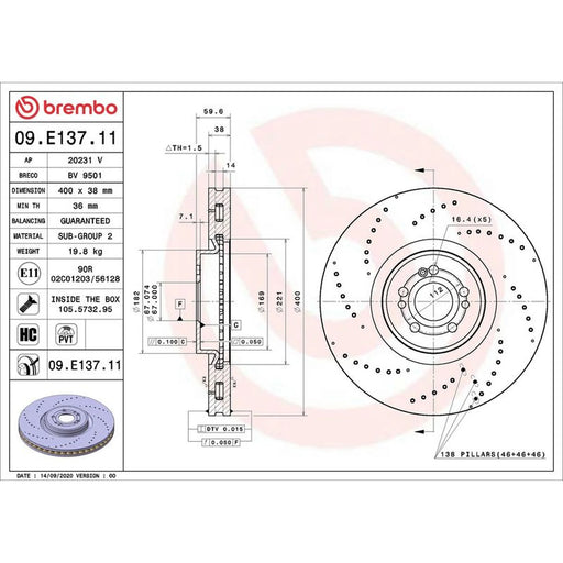Brembo 2 x Internally Vented Front Brake Discs 09.E137.11