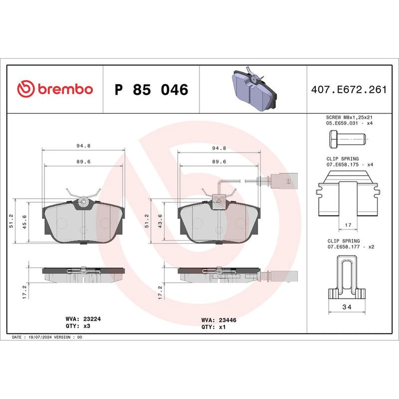 Brembo 4 x Rear Brake Pad Set P85046