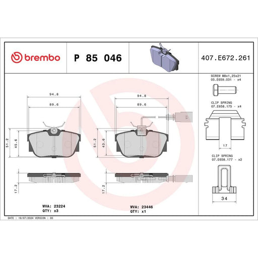 Brembo 4 x Rear Brake Pad Set P85046