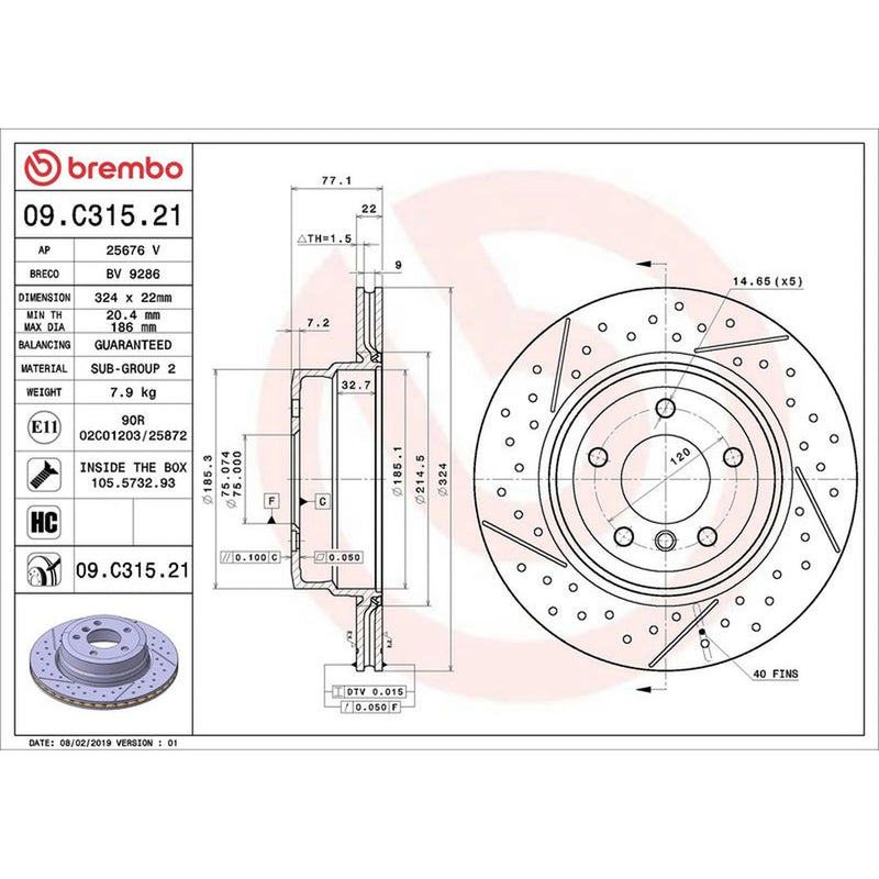 Brembo 2 x Slotted/Perforated Rear Brake Discs 09.C315.21