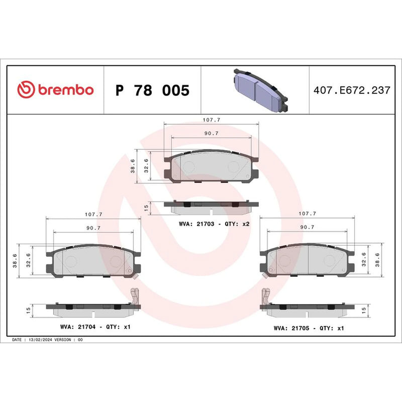 Brembo 4 x Rear Brake Pad Set P78005