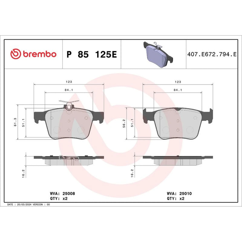 Brembo 4 x Rear Brake Pad Set P85125E