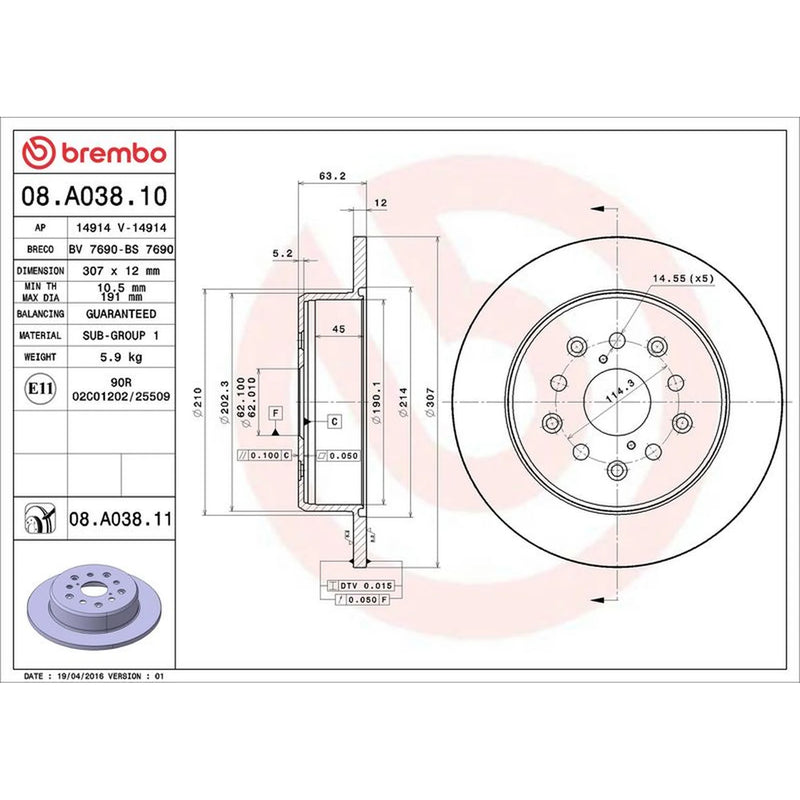 Brembo 2 x Solid Rear Brake Discs 08.A038.11