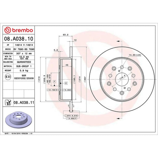 Brembo 2 x Solid Rear Brake Discs 08.A038.11