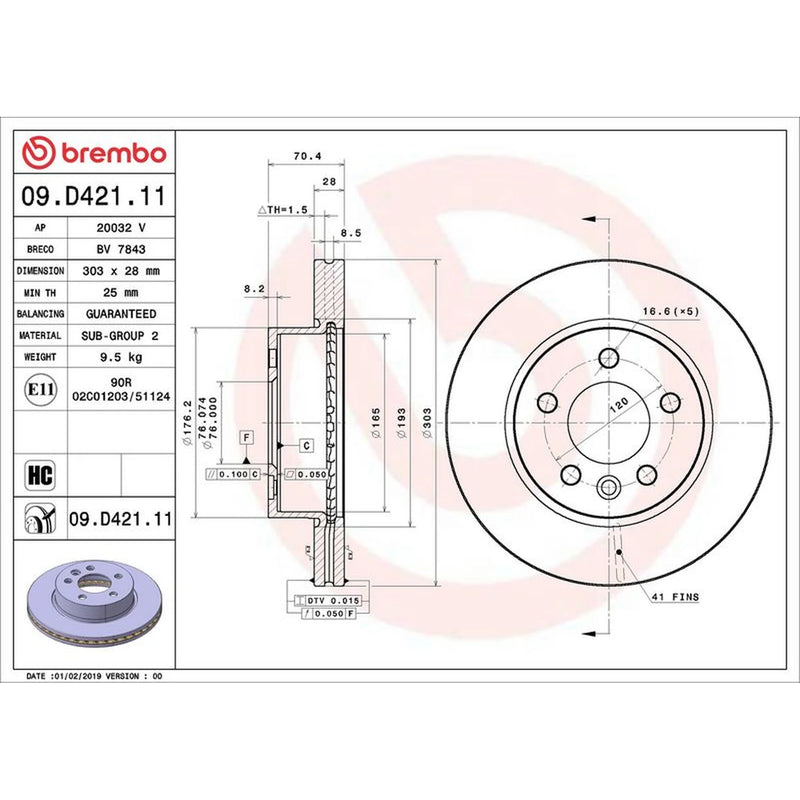 Brembo 2 x Internally Vented Front Brake Discs 09.D421.11