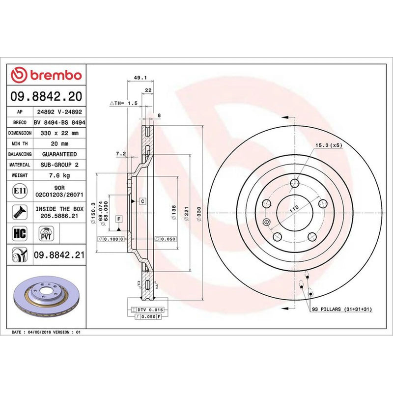 Brembo 2 x Rear Brake Discs 09.8842.21