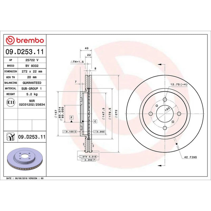 Brembo 2 x Internally Vented Front Brake Discs 09.D253.11