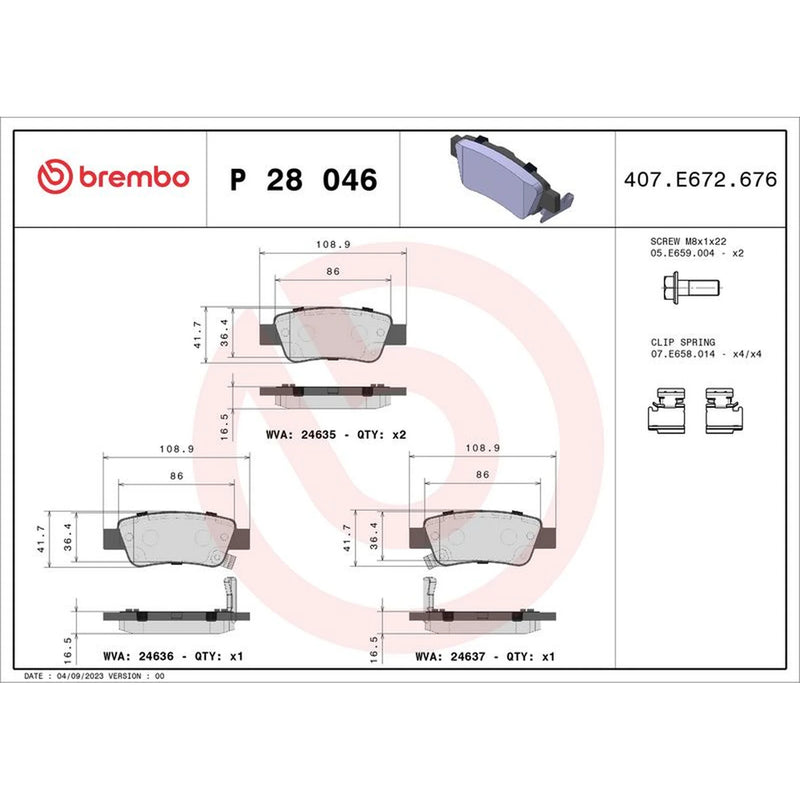 Brembo 4 x Rear Brake Pad Set P28046