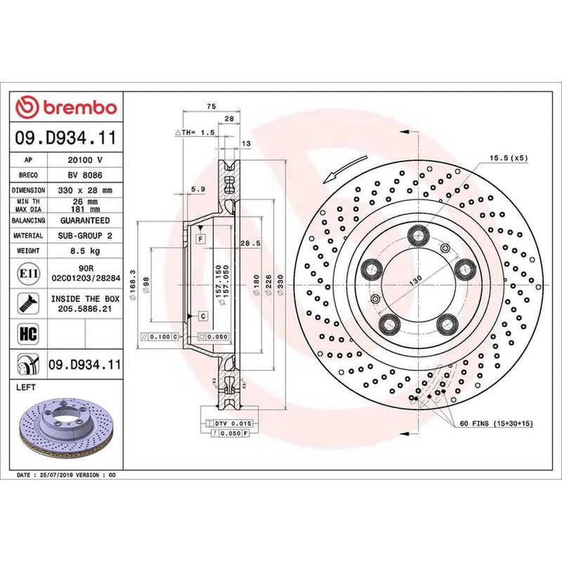 Brembo 2 x Perforated/Vented Rear Brake Discs 09.D934.11