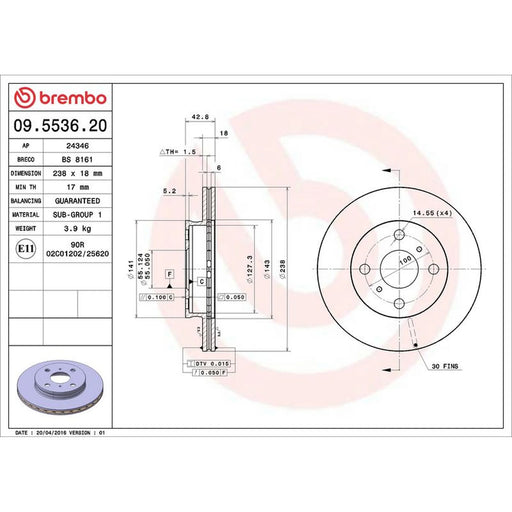 Brembo 2 x Internally Vented Front Brake Discs 09.5536.20