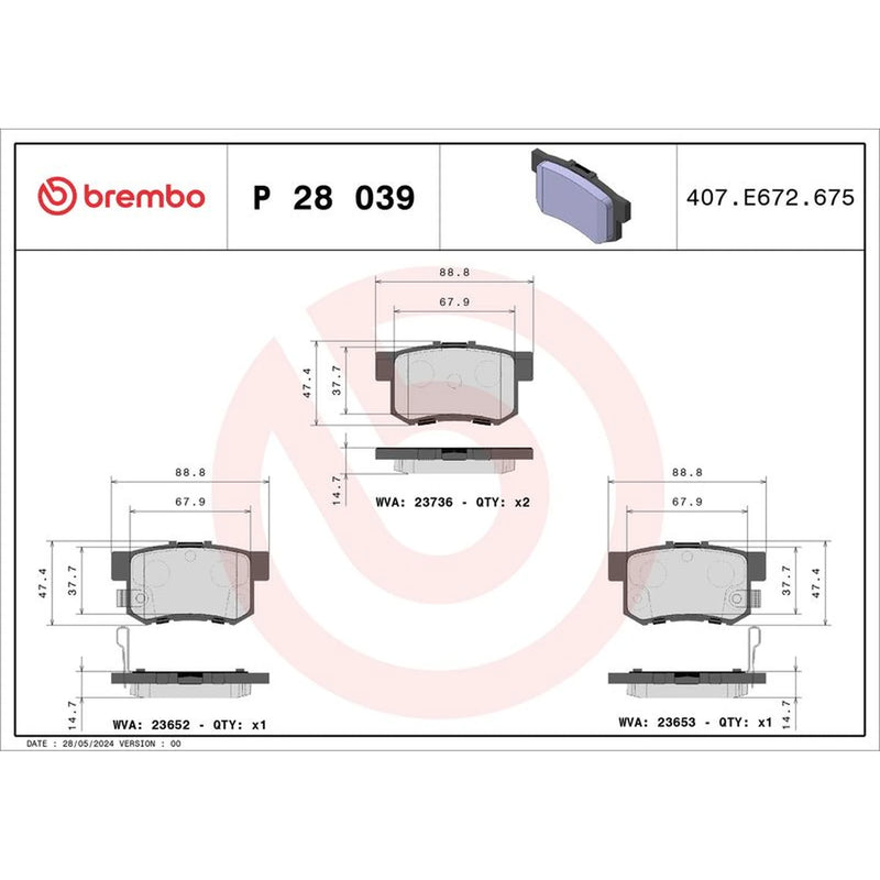 Brembo 4 x Rear Brake Pad Set P28039