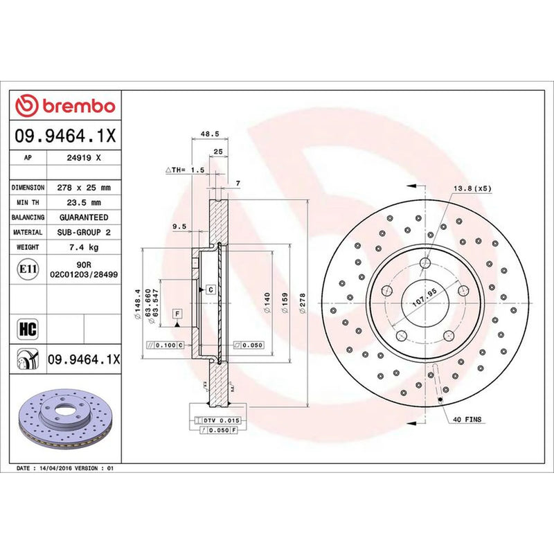 Brembo Xtra 2 x Perforated/Vented Front Brake Discs 09.9464.1X
