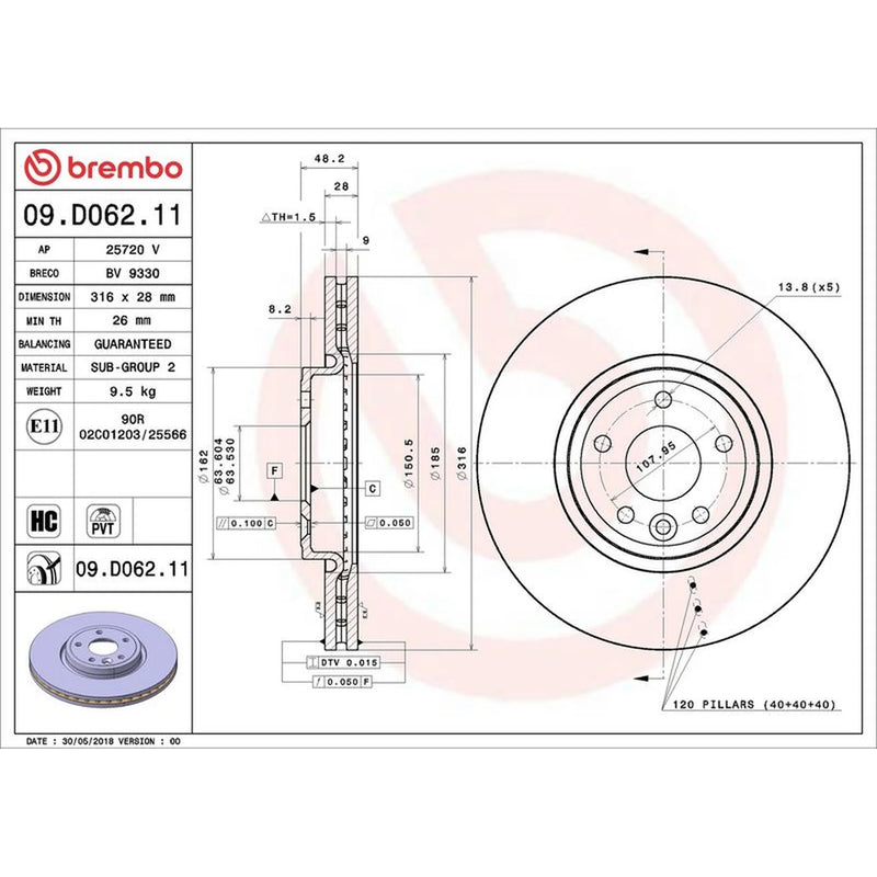 Brembo 2 x Internally Vented Front Brake Discs 09.D062.11
