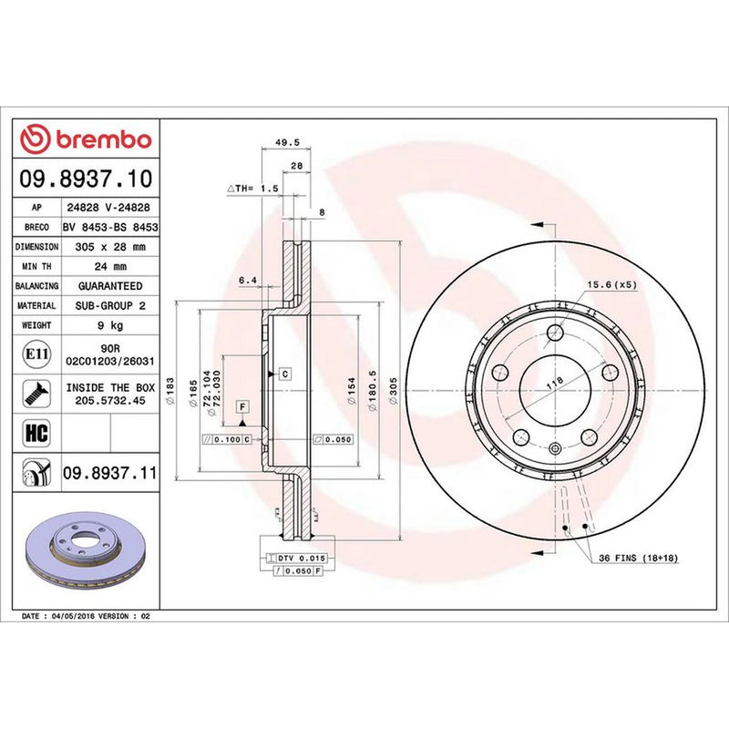 Brembo 2 x Front Brake Discs 09.8937.11