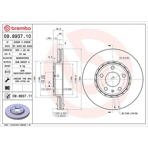 Brembo 2 x Front Brake Discs 09.8937.11