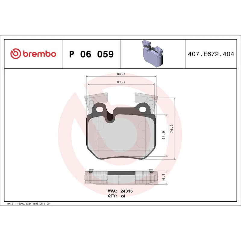 Brembo 4 x Rear Brake Pad Set P06059