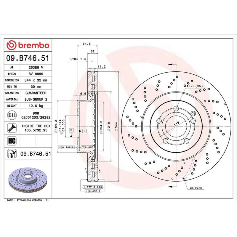 Brembo 2 x Perforated/Vented Front Brake Discs 09.B746.51