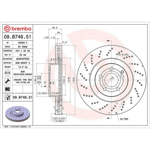 Brembo 2 x Perforated/Vented Front Brake Discs 09.B746.51