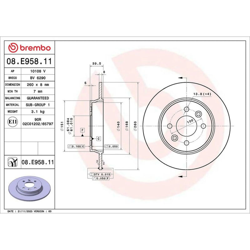 Brembo 2 x Solid Rear Brake Discs 08.E958.11