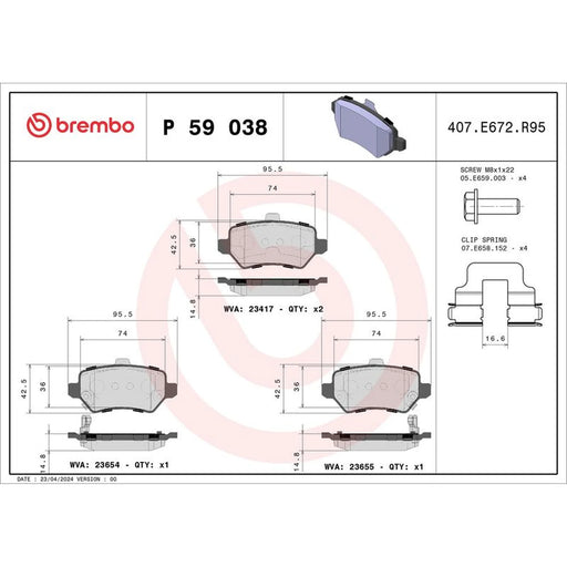 Brembo 4 x Rear Brake Pad Set P59038