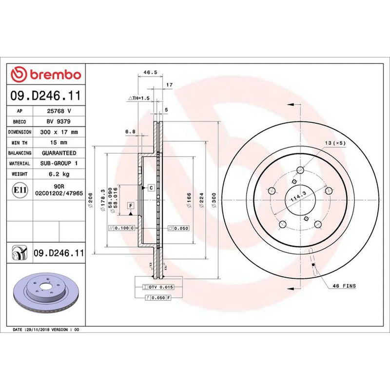 Brembo 2 x Internally Vented Rear Brake Discs 09.D246.11